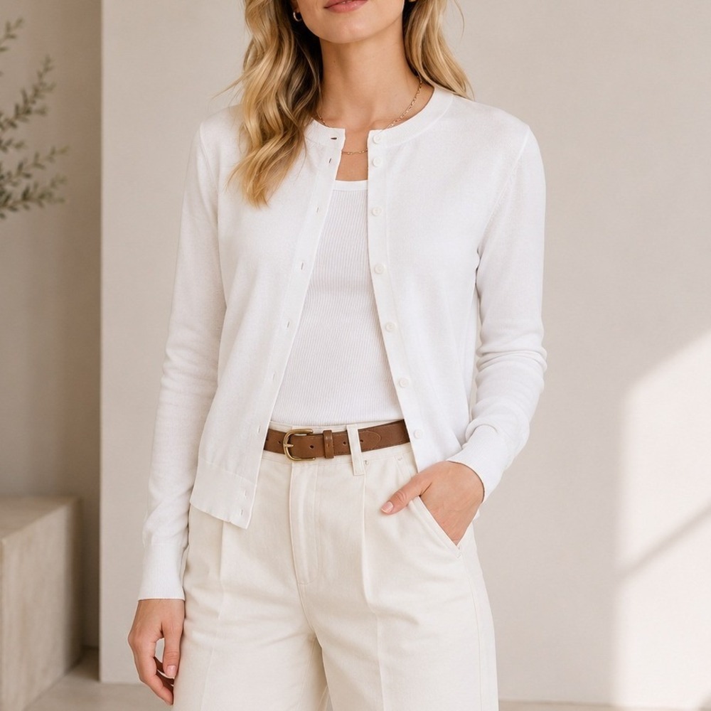 J.Crew Factory Classic Cardigan Sweater Long Sleeves Crew White E5957 Large NWT